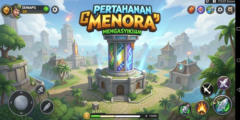 Tampilan gameplay seru di DEWAPG dengan menara strategi.