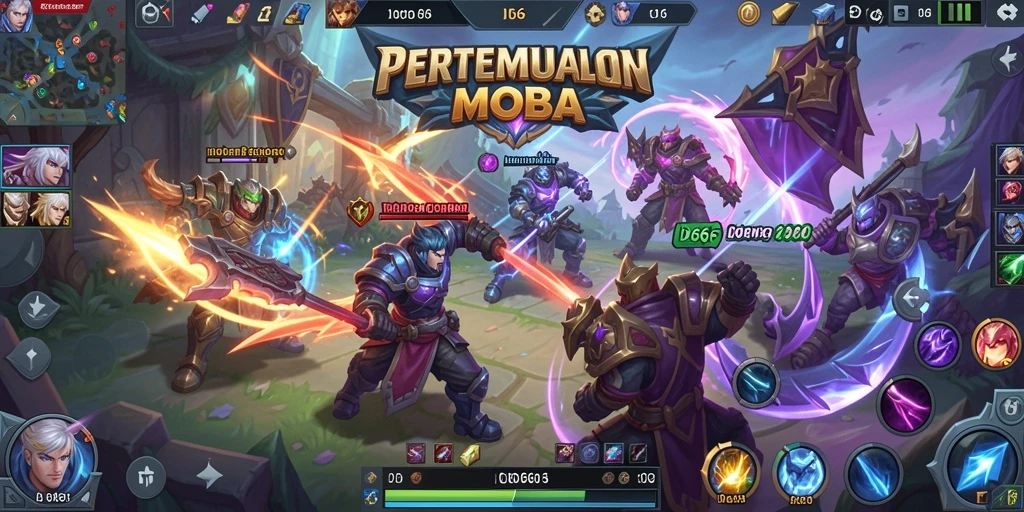 Screenshot gameplay menampilkan pertarungan seru di arena MOBA.