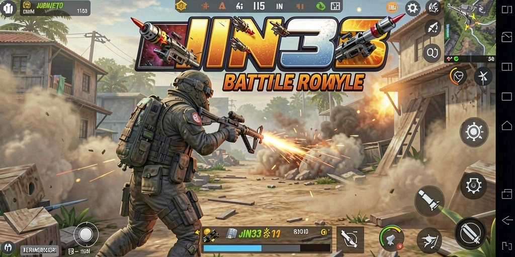 Screenshot utama JIN33 menampilkan aksi seru di arena Battle Royale.