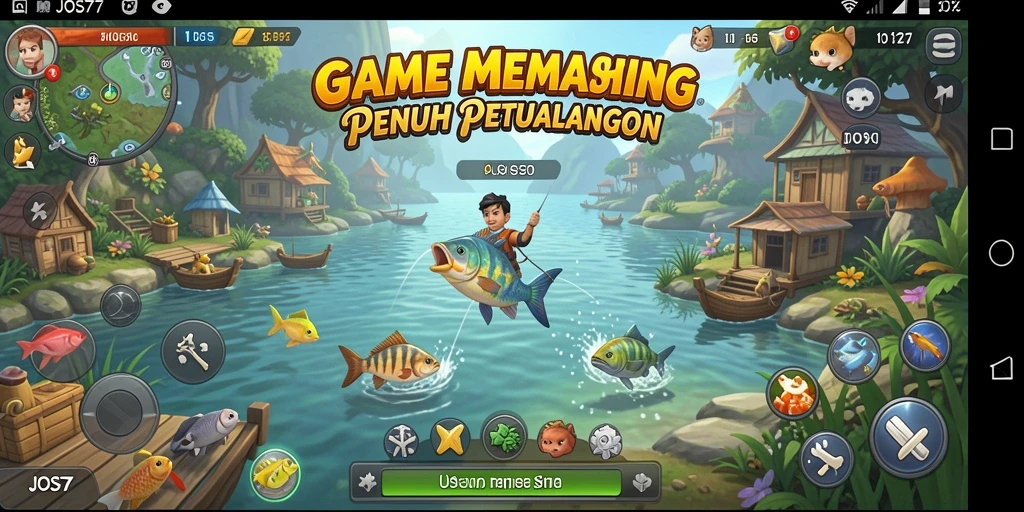 Screenshot gameplay JOS77 menampilkan aksi menangkap ikan di lokasi memancing yang indah.