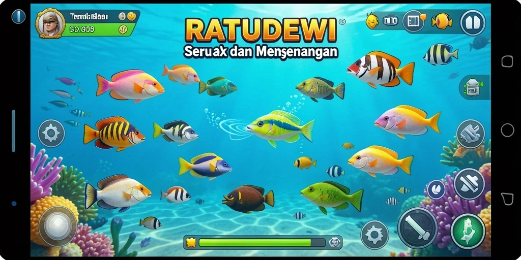 Screenshot permainan Tembak Ikan RATUDEWI yang penuh warna.